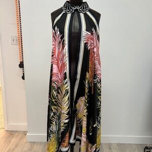 Tropical Feather Print Kimono | Sleeveless V-Neck Flowy Resort Kimono
